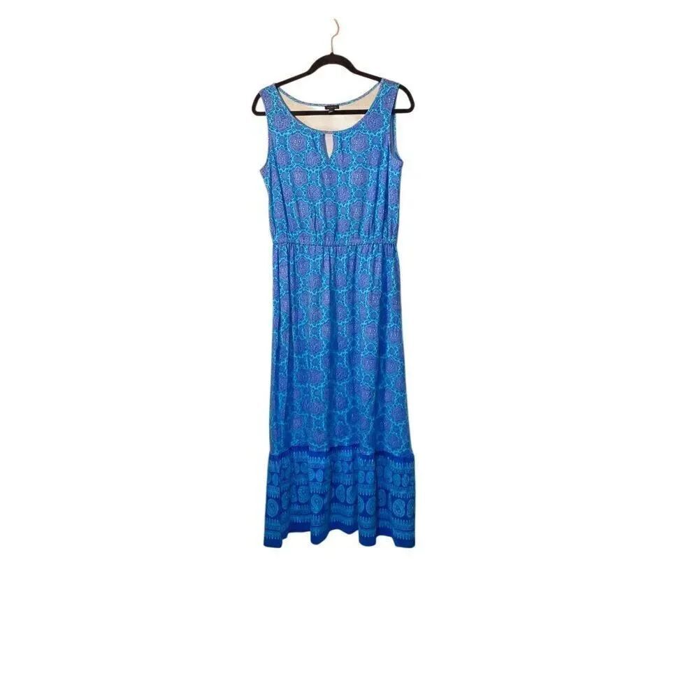 Talbots Teal Blue Paisley Print Cotton Blend Maxi Dress S/Medium